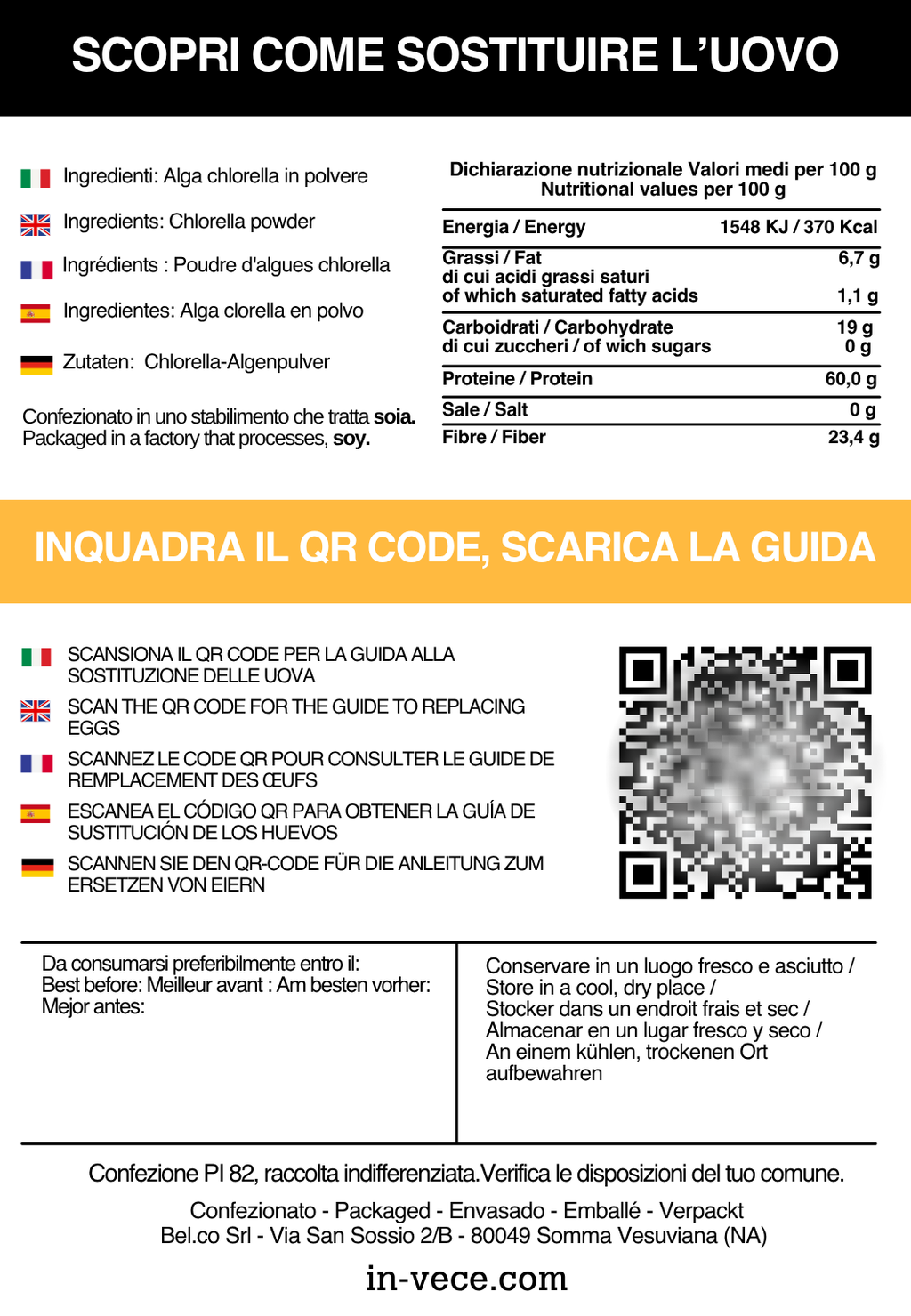 Etichetta retro di Alga proteica IN-VECE: ingredienti, valori nutrizionali (60 g di proteine per 100 g) e QR code per la guida alla sostituzione delle uova