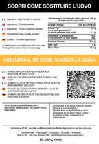 Etichetta retro di Alga proteica IN-VECE: ingredienti, valori nutrizionali (60 g di proteine per 100 g) e QR code per la guida alla sostituzione delle uova