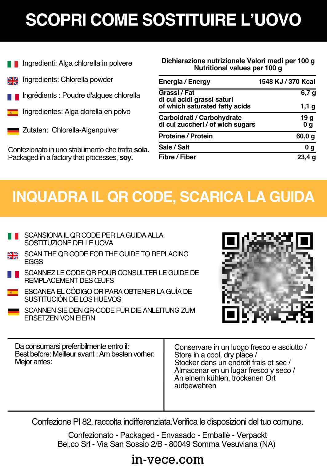 Etichetta retro di Alga proteica IN-VECE: ingredienti, valori nutrizionali (60 g di proteine per 100 g) e QR code per la guida alla sostituzione delle uova