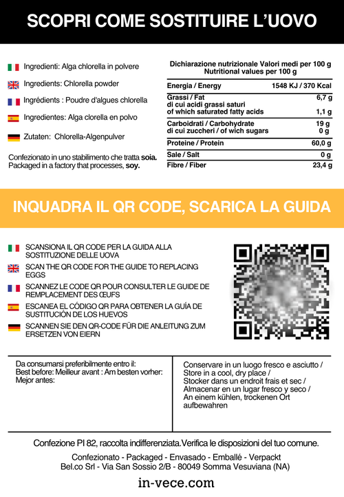 Etichetta retro di Alga proteica IN-VECE: ingredienti, valori nutrizionali (60 g di proteine per 100 g) e QR code per la guida alla sostituzione delle uova